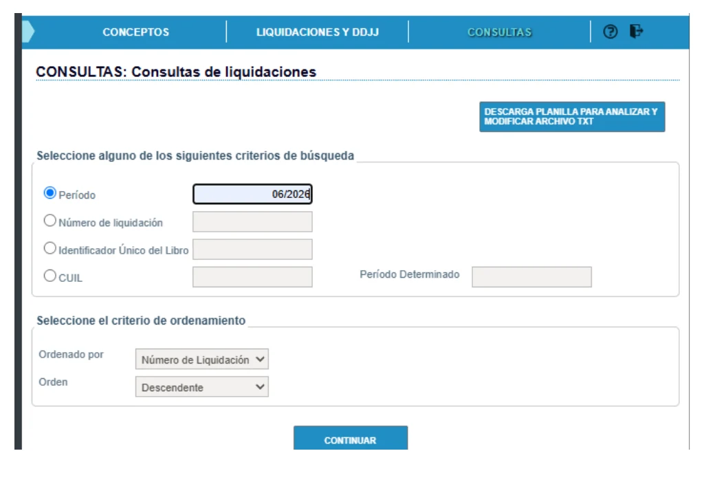 Pantalla de consultas de liquidaciones de ARCA con selección por período