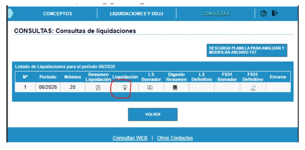 Listado de liquidaciones de ARCA con el icono de descarga del archivo TXT señalado