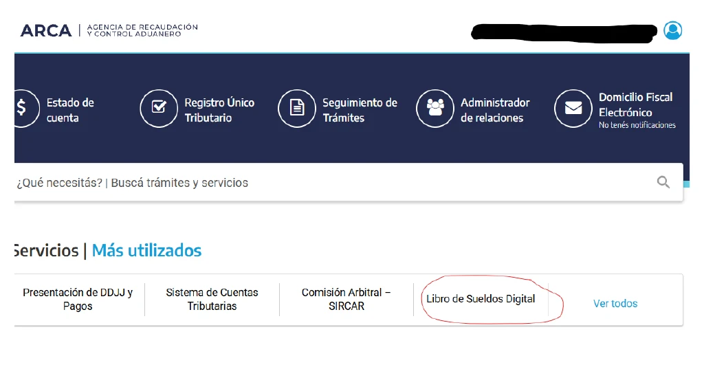 Portal de ARCA con el acceso al servicio Libro de Sueldos Digital señalado