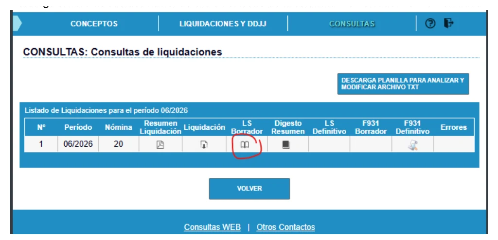 Listado de liquidaciones de ARCA con el icono de LS Borrador señalado